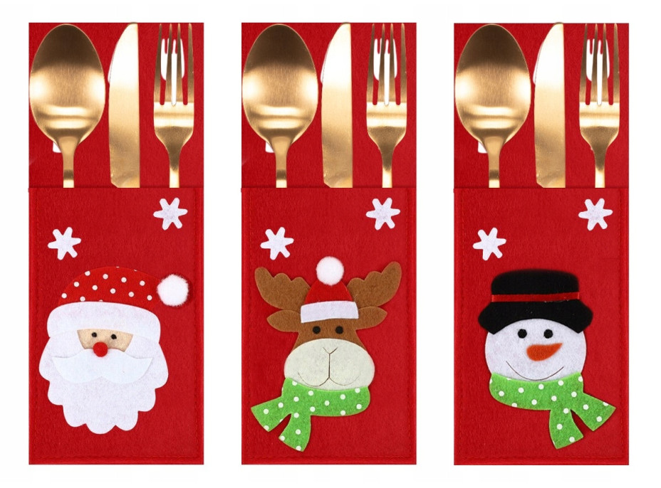 Vánoční obal na příbory - 3 ks - červené - Santa Claus, Sob a Sněhulák