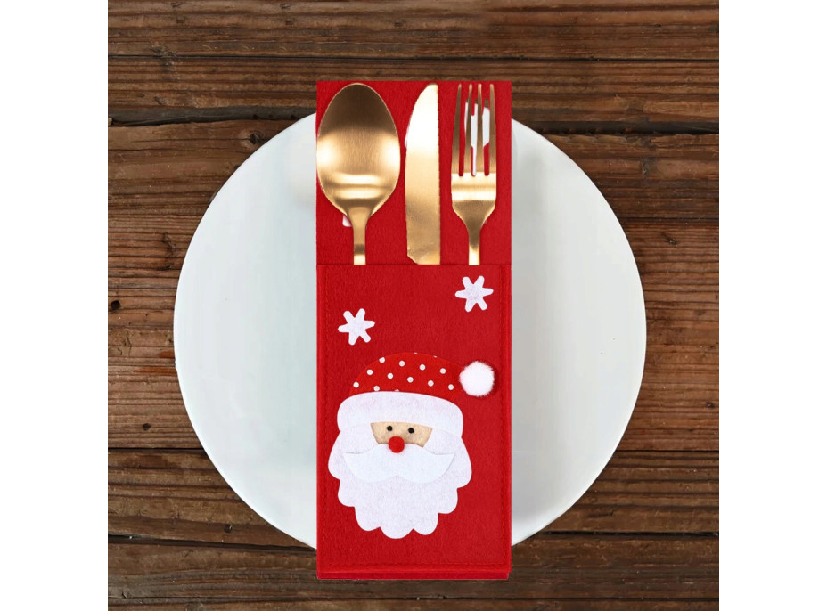 Vánoční obal na příbory - 3 ks - červené - Santa Claus, Sob a Sněhulák