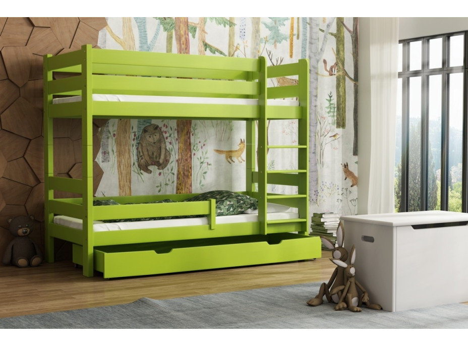 Dětská patrová postel z masivu GABI - 160x80 cm - bílá se zelenými šuplíky + MATRACE