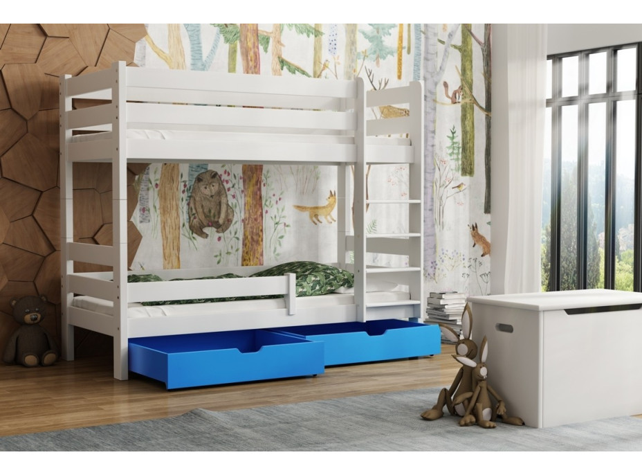Dětská patrová postel z masivu GABI - 160x80 cm - bílá se zelenými šuplíky + MATRACE