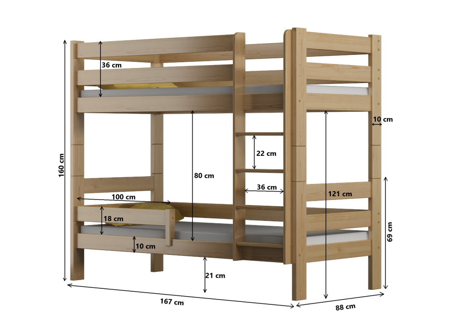 Dětská patrová postel z masivu GABI - 160x80 cm - bílá se zelenými šuplíky + MATRACE