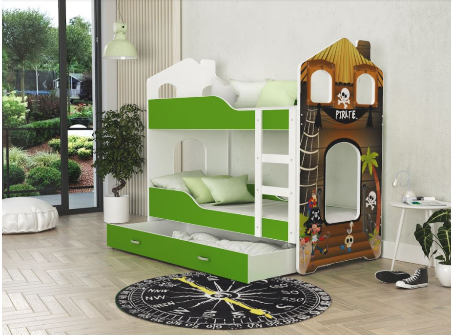 Dětská domečková patrová postel Dominik Y - 160x80 cm - PIRÁTI