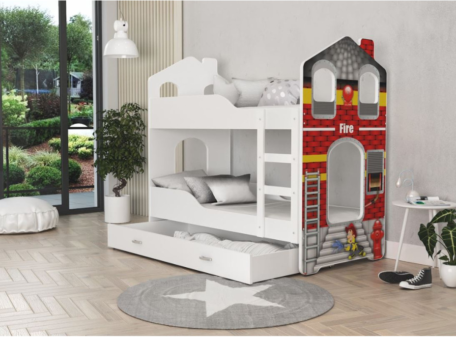 Dětská domečková patrová postel Dominik Y - 190x80 cm - HASIČI