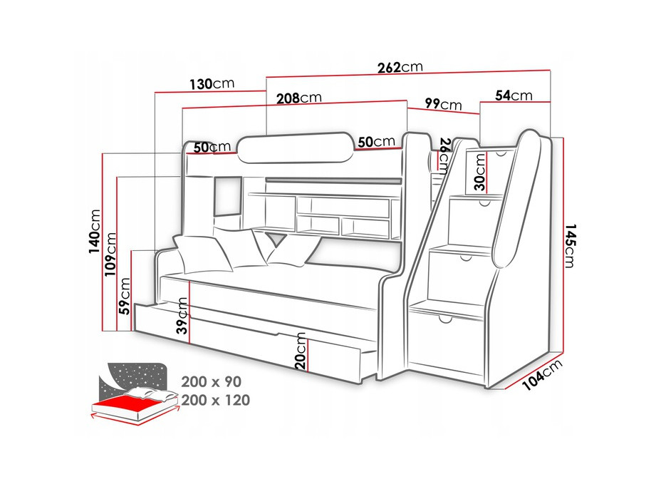 Dětská patrová postel s rozšířeným spodním lůžkem a šuplíkem SEGAN bílo-modrá - 200x90/120 cm