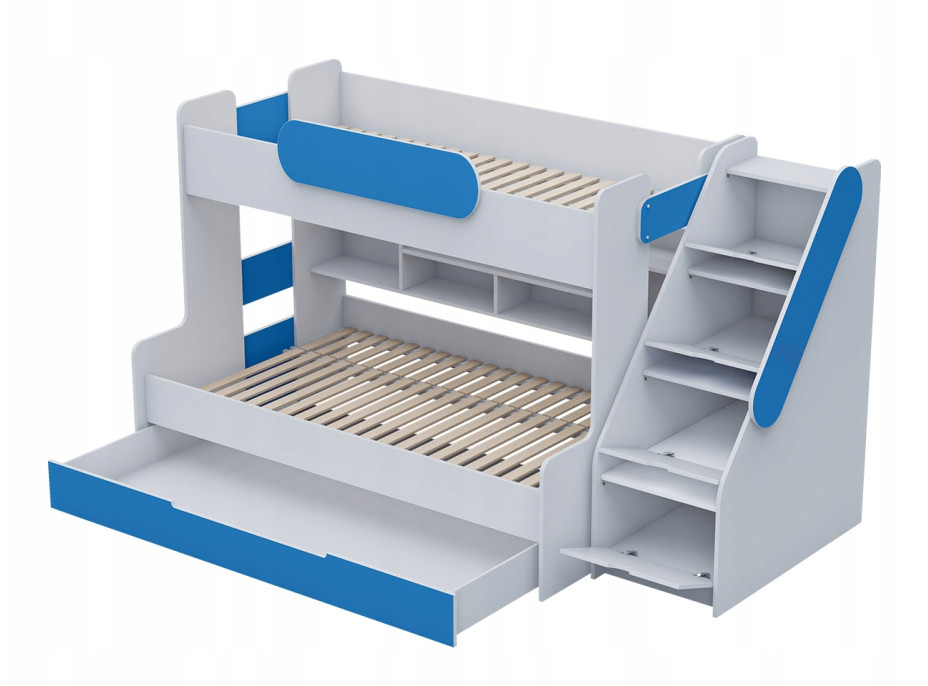 Dětská patrová postel s rozšířeným spodním lůžkem a šuplíkem SEGAN bílo-modrá - 200x90/120 cm