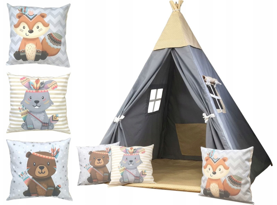 Dětský stan TEEPEE (TÝPÍ) BOHO s doplňky - šedý/béžový