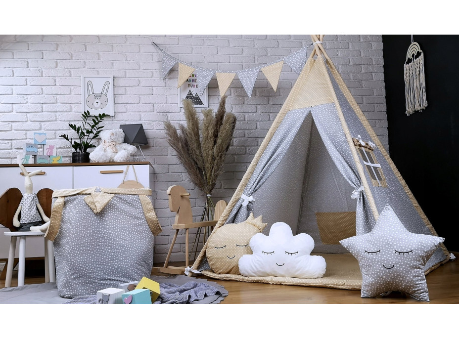 Dekorační praporková girlanda STARS - šedá/béžová