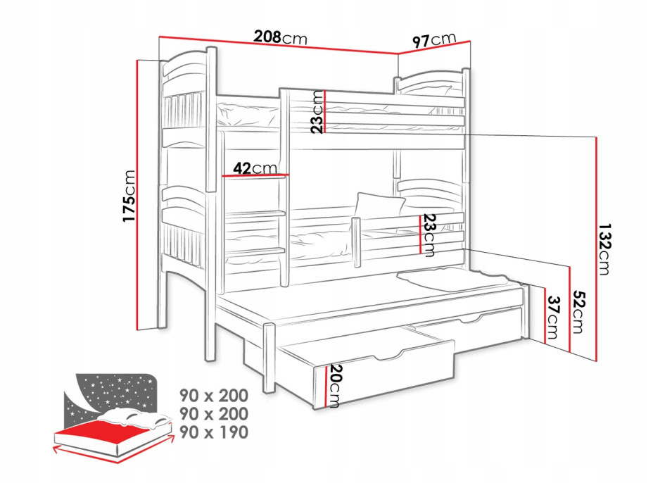 Dětská patrová postel z masivu borovice JAKUB III s přistýlkou a šuplíky - 200x90 cm - BÍLÁ