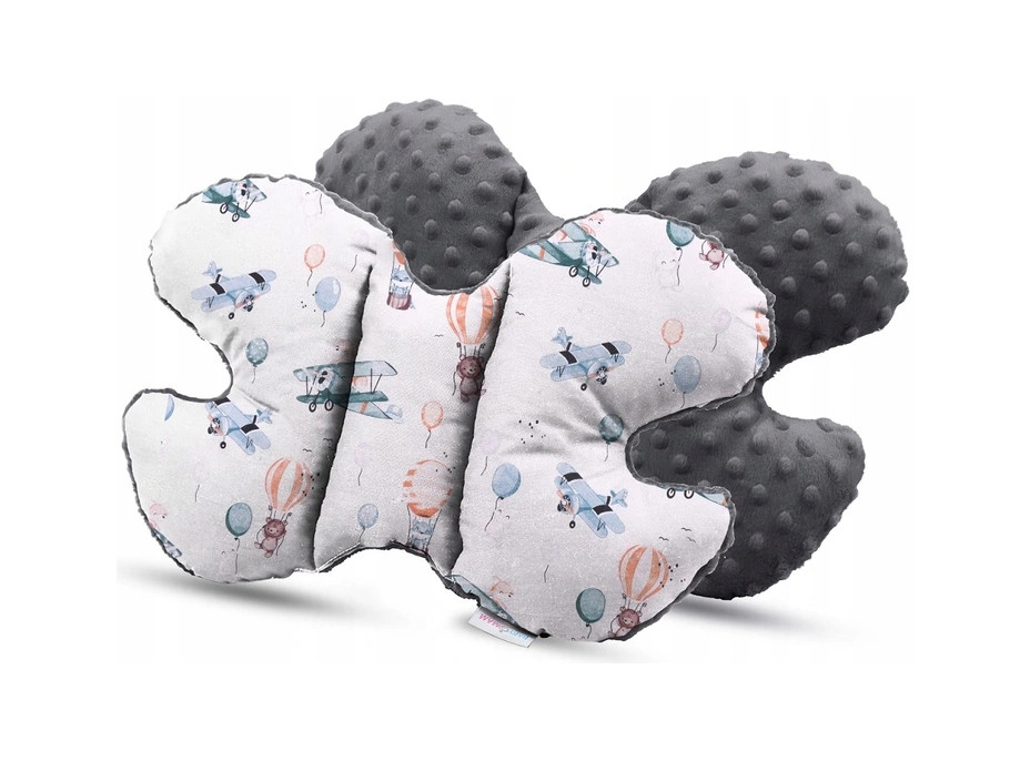 Dětská deka do kočárku s polštářkem a motýlkem - BABYMAM PREMIUM set 3v1 - Let balónem s grafitovou minky