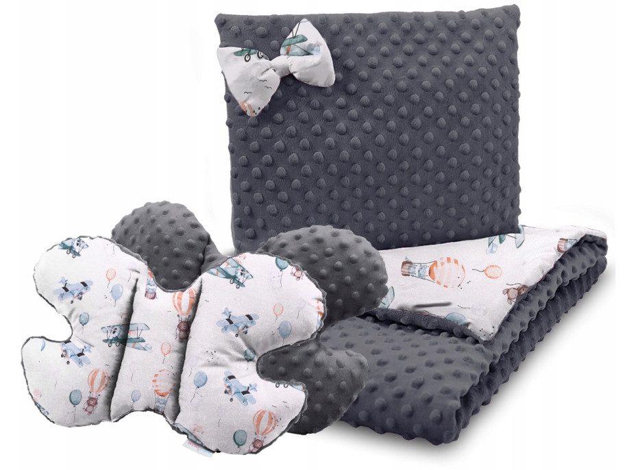 Dětská deka do kočárku s polštářkem a motýlkem - BABYMAM PREMIUM set 3v1 - Let balónem s grafitovou minky