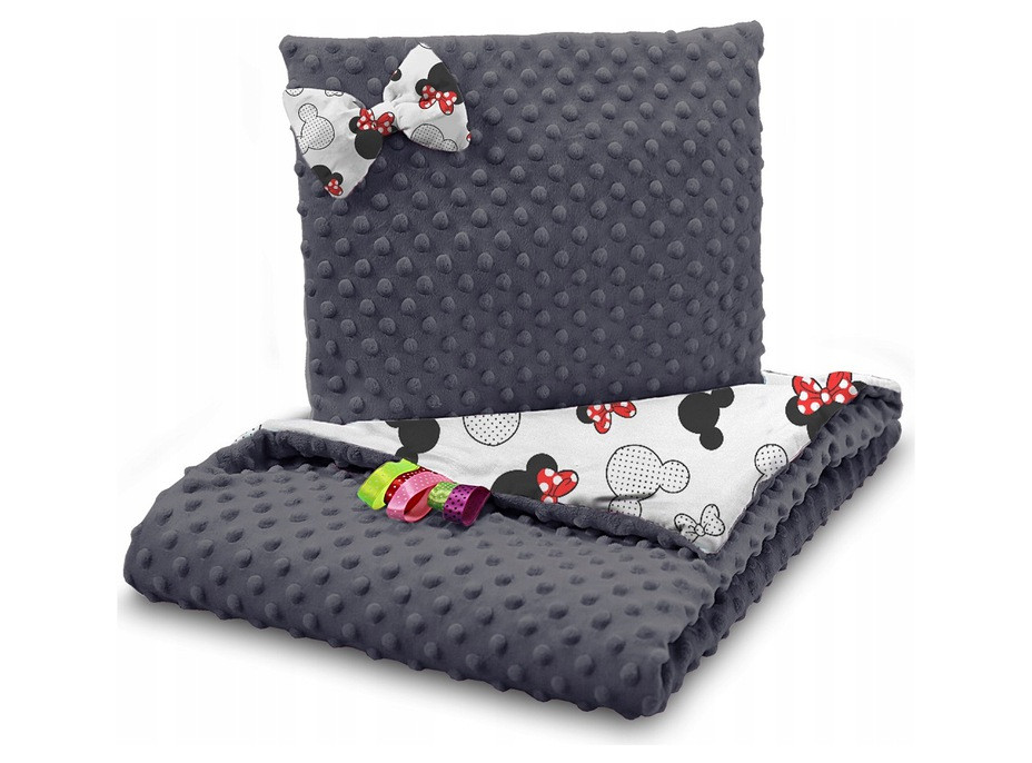 Dětská deka do kočárku s polštářkem a motýlkem - BABYMAM PREMIUM set 3v1 - Myška Minnie s grafitovou minky