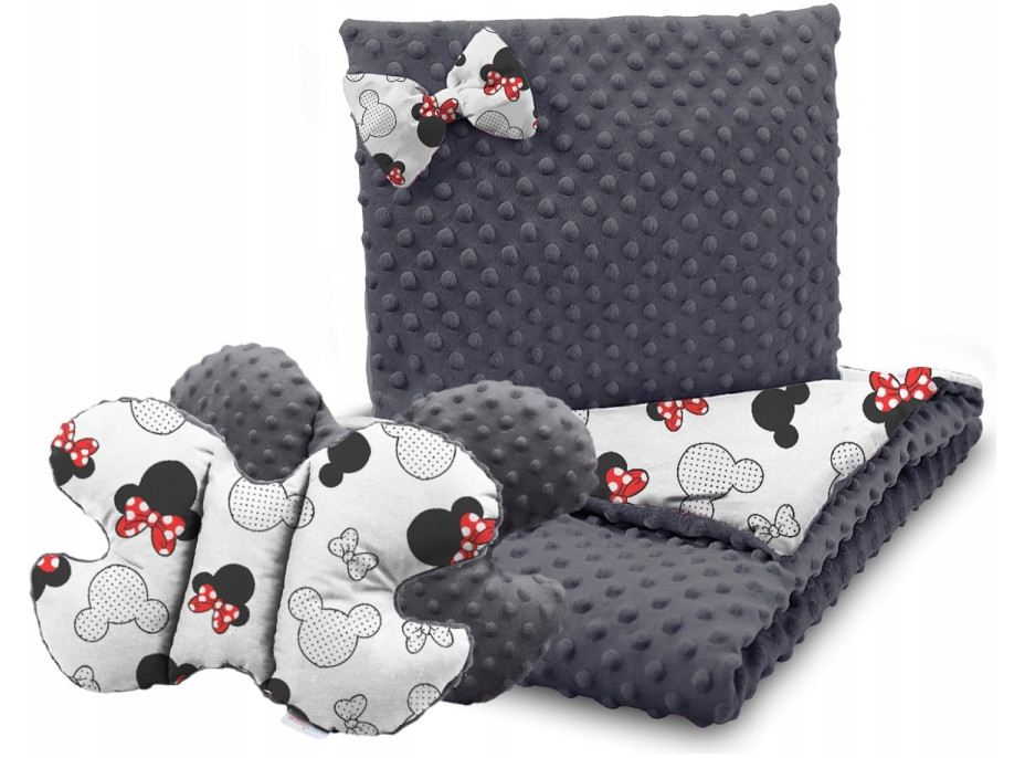 Dětská deka do kočárku s polštářkem a motýlkem - BABYMAM PREMIUM set 3v1 - Myška Minnie s grafitovou minky