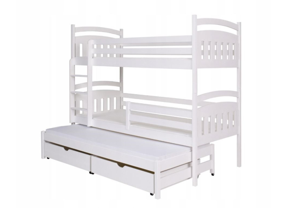 Dětská patrová postel z masivu borovice JAKUB III s přistýlkou a šuplíky - 200x90 cm - BÍLÁ