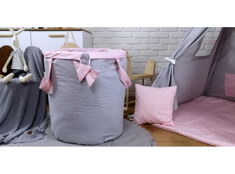 Dětský stan TEEPEE (TÝPÍ) SRDÍČKA s doplňky - šedý/světle růžový