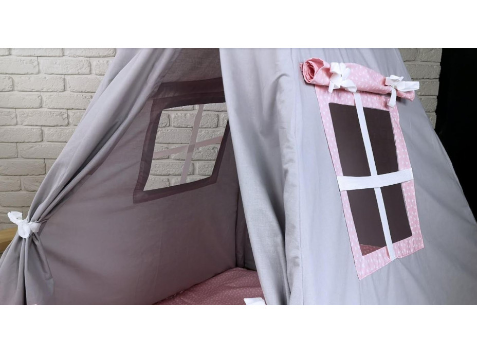 Dětský stan TEEPEE (TÝPÍ) SRDÍČKA s doplňky - šedý/světle růžový