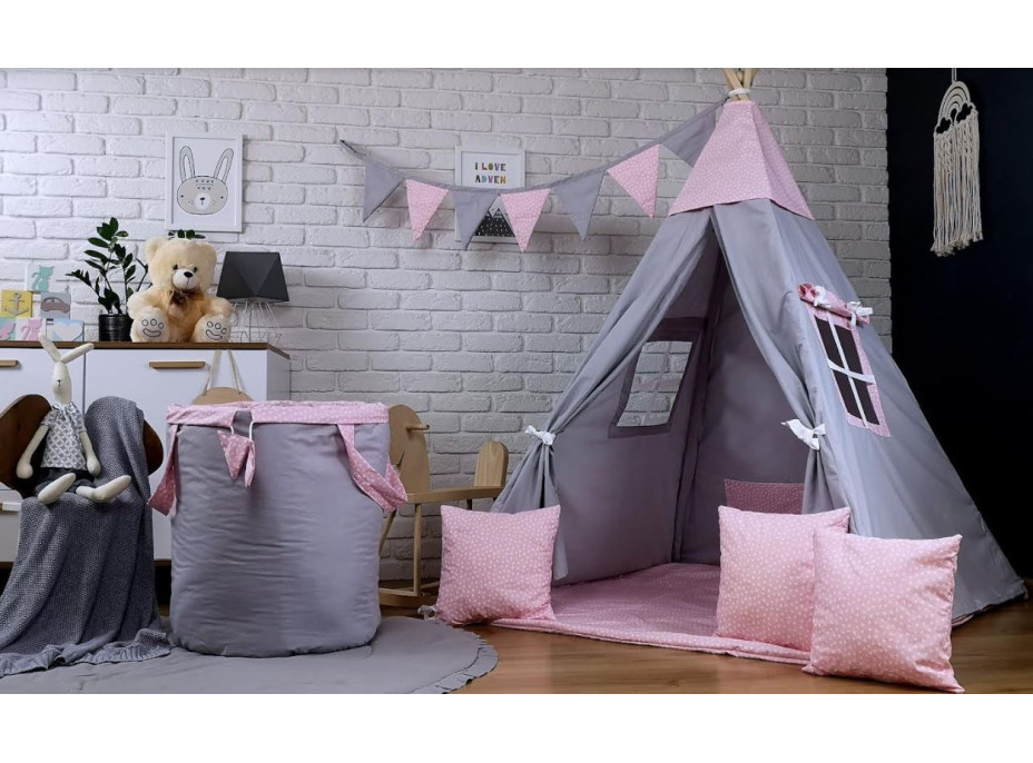 Dětský stan TEEPEE (TÝPÍ) SRDÍČKA s doplňky - šedý/světle růžový