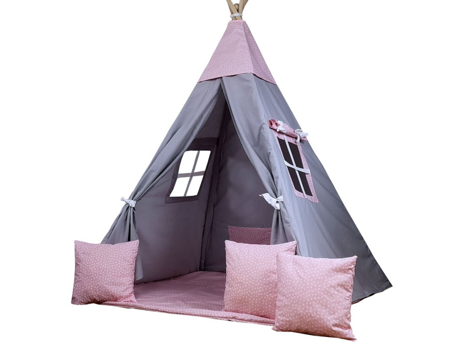 Dětský stan TEEPEE (TÝPÍ) SRDÍČKA s doplňky - šedý/světle růžový