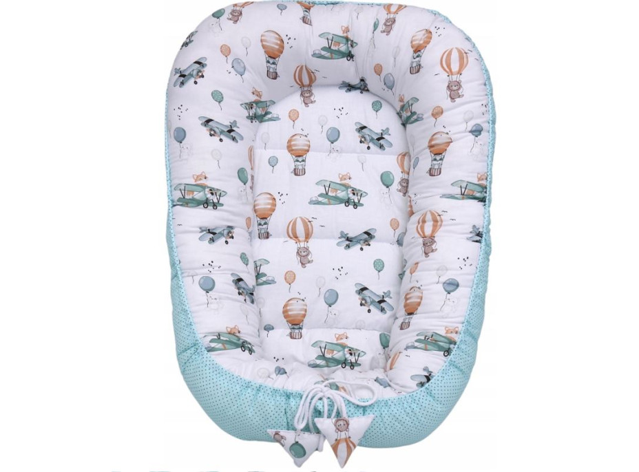 Oboustranné hnízdečko (kokon) pro miminko - BABYMAM PREMIUM set 7v1 - Let balónem s grafitovou minky