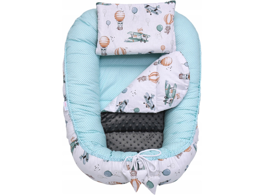 Oboustranné hnízdečko (kokon) pro miminko - BABYMAM PREMIUM set 7v1 - Let balónem s grafitovou minky