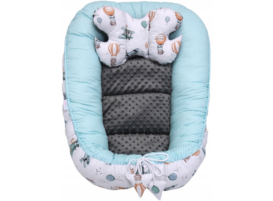 Oboustranné hnízdečko (kokon) pro miminko - BABYMAM PREMIUM set 7v1 - Let balónem s grafitovou minky