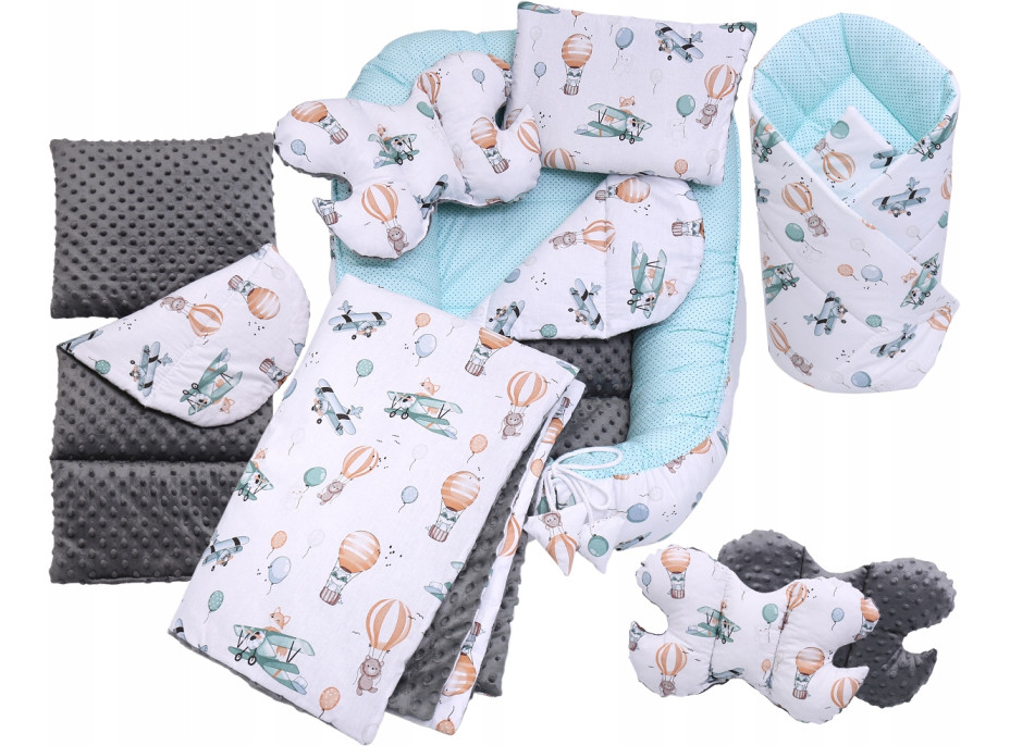 Oboustranné hnízdečko (kokon) pro miminko - BABYMAM PREMIUM set 7v1 - Let balónem s grafitovou minky