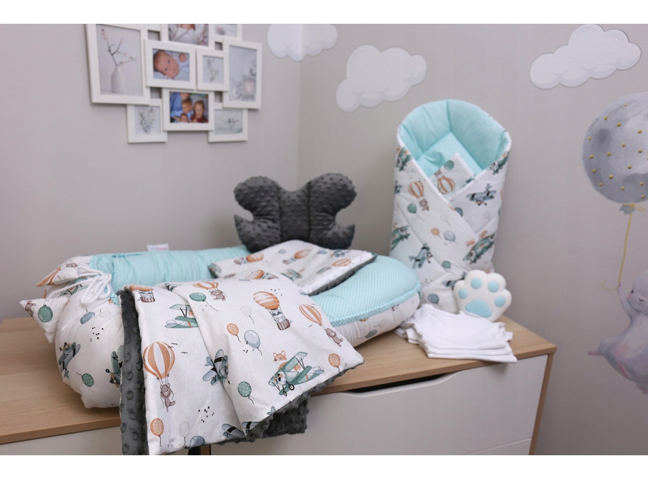 Oboustranné hnízdečko (kokon) pro miminko - BABYMAM PREMIUM set 7v1 - Let balónem s grafitovou minky