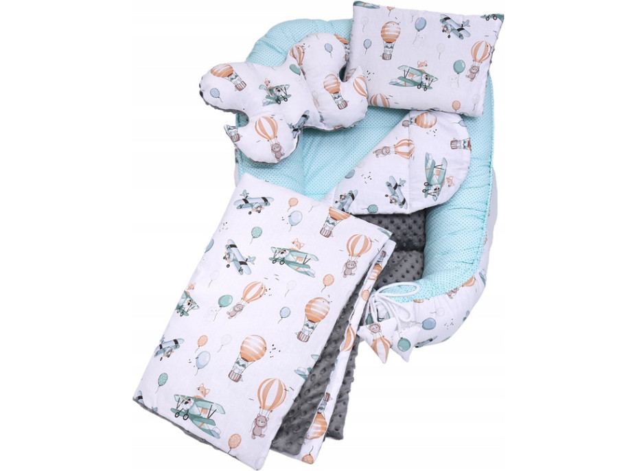 Oboustranné hnízdečko (kokon) pro miminko - BABYMAM PREMIUM set 7v1 - Let balónem s grafitovou minky