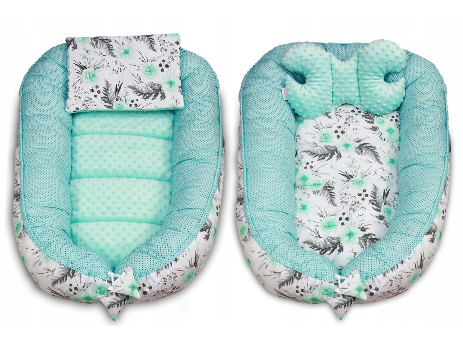 Oboustranné hnízdečko (kokon) pro miminko - BABYMAM PREMIUM set 7v1 - Mátové květy v zahradě s mátovou minky