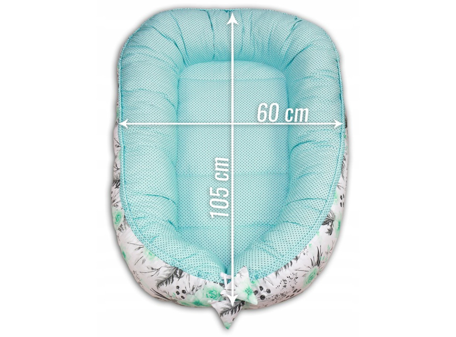 Oboustranné hnízdečko (kokon) pro miminko - BABYMAM PREMIUM set 7v1 - Mátové květy v zahradě s mátovou minky