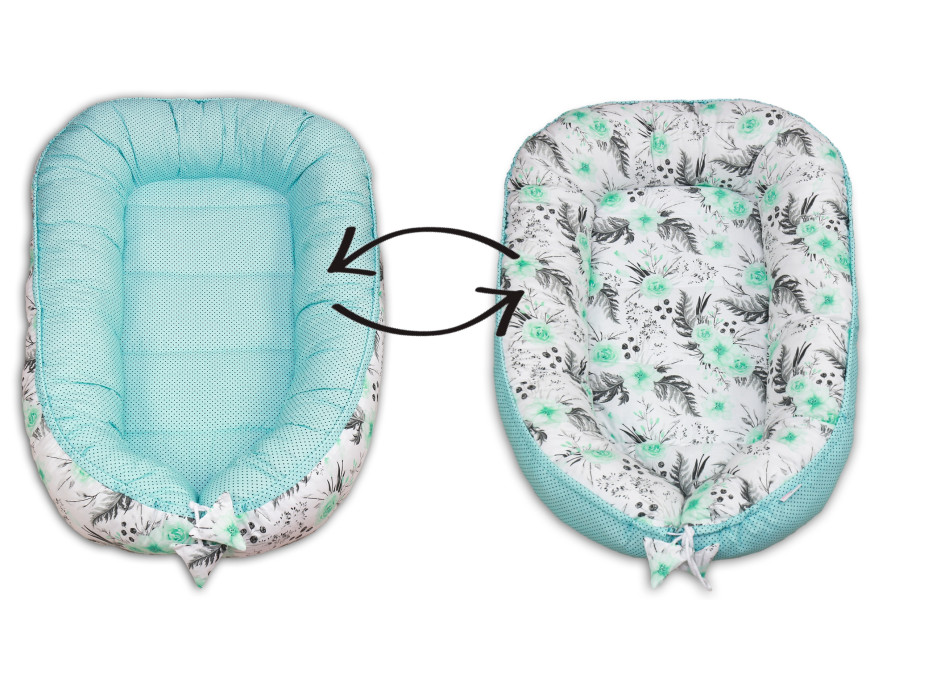 Oboustranné hnízdečko (kokon) pro miminko - BABYMAM PREMIUM set 7v1 - Mátové květy v zahradě s mátovou minky