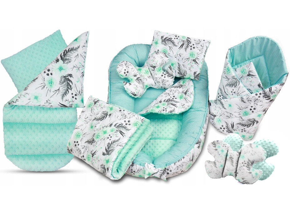 Oboustranné hnízdečko (kokon) pro miminko - BABYMAM PREMIUM set 7v1 - Mátové květy v zahradě s mátovou minky