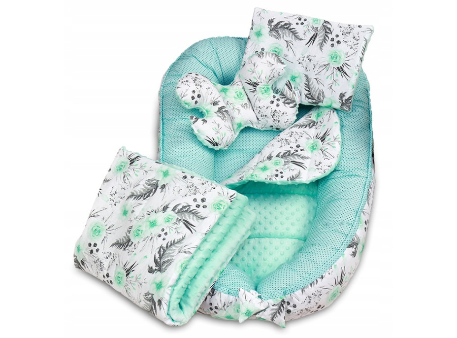 Oboustranné hnízdečko (kokon) pro miminko - BABYMAM PREMIUM set 7v1 - Mátové květy v zahradě s mátovou minky