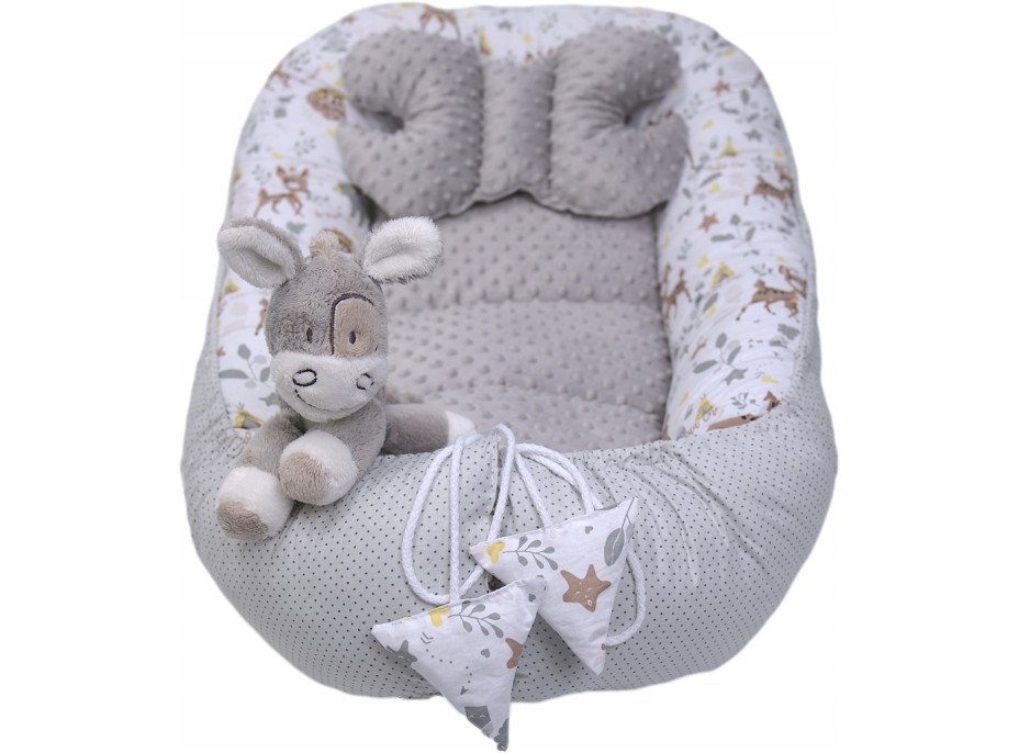 Oboustranné hnízdečko (kokon) pro miminko - BABYMAM PREMIUM set 7v1 - Srneček a přátelé s šedou minky