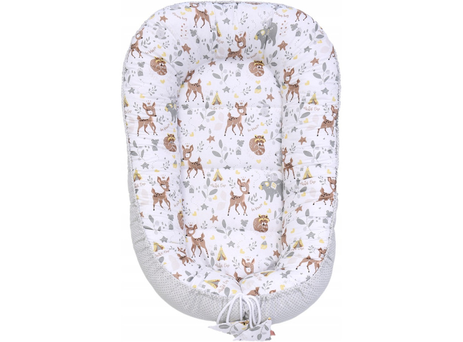 Oboustranné hnízdečko (kokon) pro miminko - BABYMAM PREMIUM set 7v1 - Srneček a přátelé s šedou minky