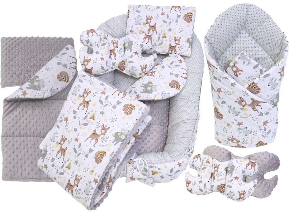 Oboustranné hnízdečko (kokon) pro miminko - BABYMAM PREMIUM set 7v1 - Srneček a přátelé s šedou minky