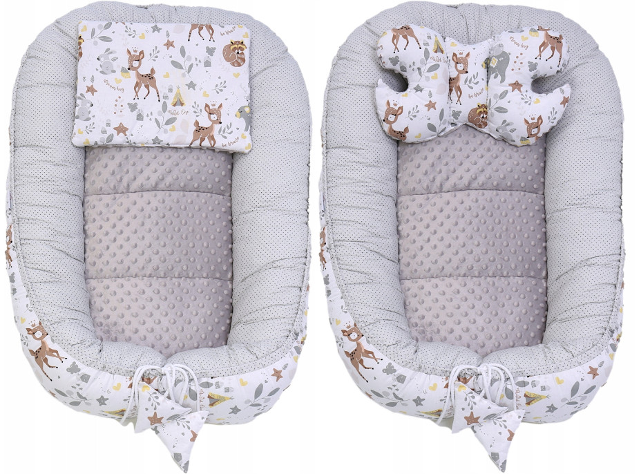 Oboustranné hnízdečko (kokon) pro miminko - BABYMAM PREMIUM set 7v1 - Srneček a přátelé s šedou minky