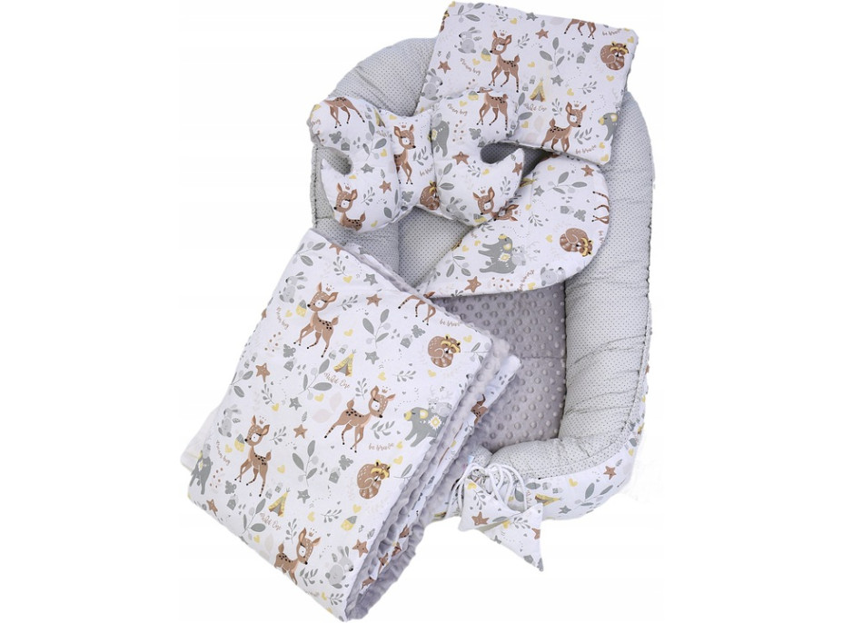 Oboustranné hnízdečko (kokon) pro miminko - BABYMAM PREMIUM set 7v1 - Srneček a přátelé s šedou minky