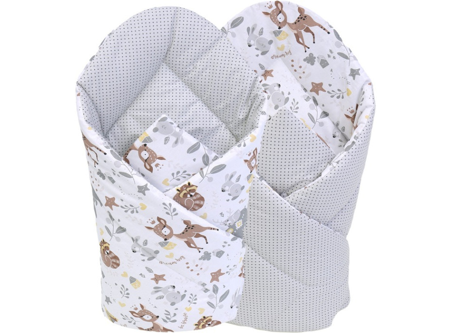 Oboustranné hnízdečko (kokon) pro miminko - BABYMAM PREMIUM set 7v1 - Srneček a přátelé s šedou minky