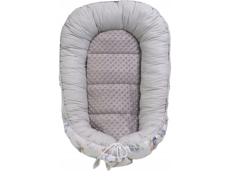 Oboustranné hnízdečko (kokon) pro miminko - BABYMAM PREMIUM set 7v1 - Vlk a kamarádi s šedou minky