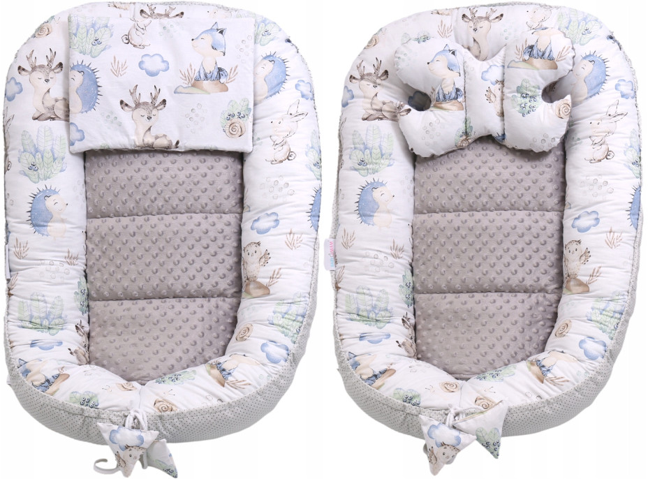 Oboustranné hnízdečko (kokon) pro miminko - BABYMAM PREMIUM set 7v1 - Vlk a kamarádi s šedou minky