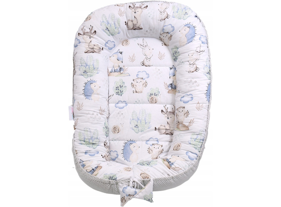 Oboustranné hnízdečko (kokon) pro miminko - BABYMAM PREMIUM set 7v1 - Vlk a kamarádi s šedou minky