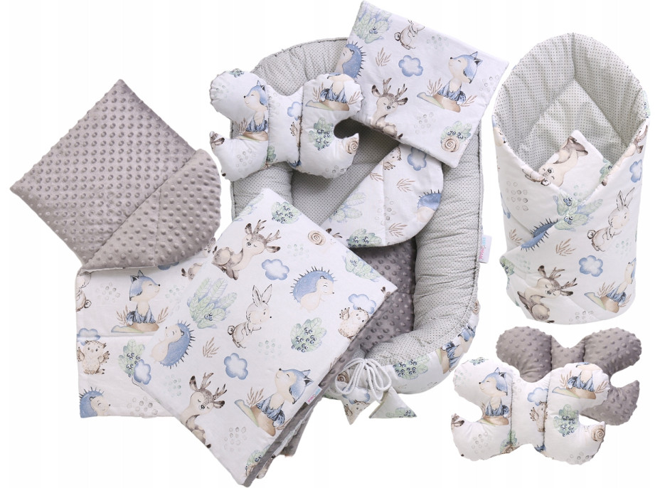 Oboustranné hnízdečko (kokon) pro miminko - BABYMAM PREMIUM set 7v1 - Vlk a kamarádi s šedou minky
