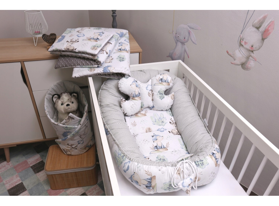 Oboustranné hnízdečko (kokon) pro miminko - BABYMAM PREMIUM set 7v1 - Vlk a kamarádi s šedou minky