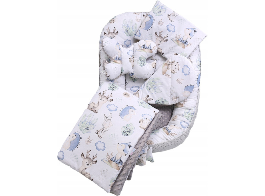 Oboustranné hnízdečko (kokon) pro miminko - BABYMAM PREMIUM set 7v1 - Vlk a kamarádi s šedou minky