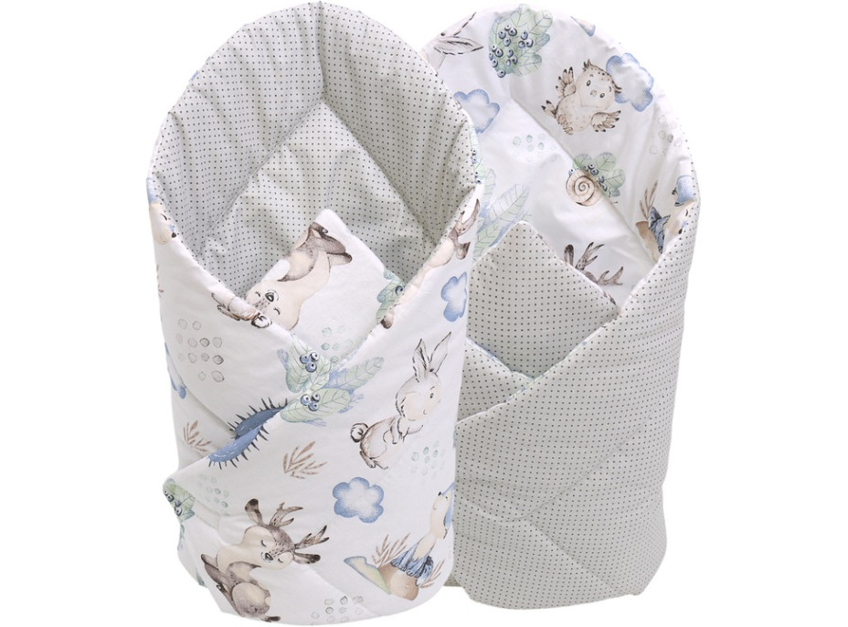 Oboustranné hnízdečko (kokon) pro miminko - BABYMAM PREMIUM set 7v1 - Vlk a kamarádi s šedou minky