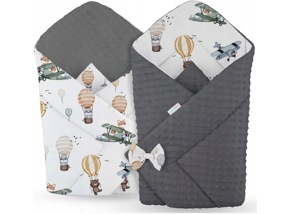 Oboustranná zavinovačka pro miminka 80x80 cm BABYMAM PREMIUM - Let balónem s grafitovou minky