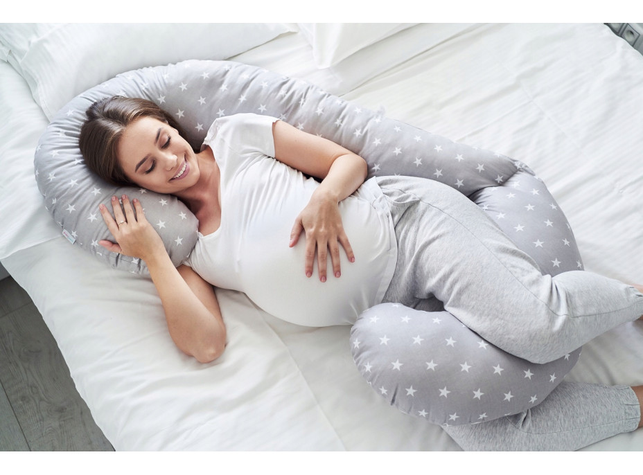 Těhotenský a kojicí polštář BABYMAM PREMIUM 300 cm 3v1 - Bílé hvězdičky s šedou