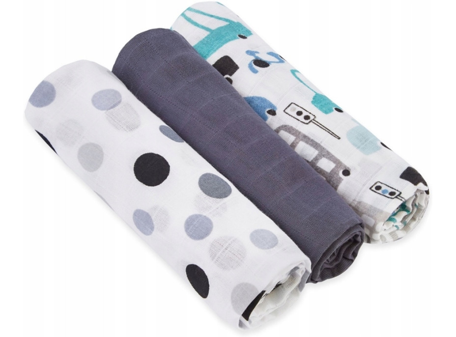 Dětské mušelínové pleny BABYMAM PREMIUM 70x75 cm - sada 3 ks - Autíčka a puntíky