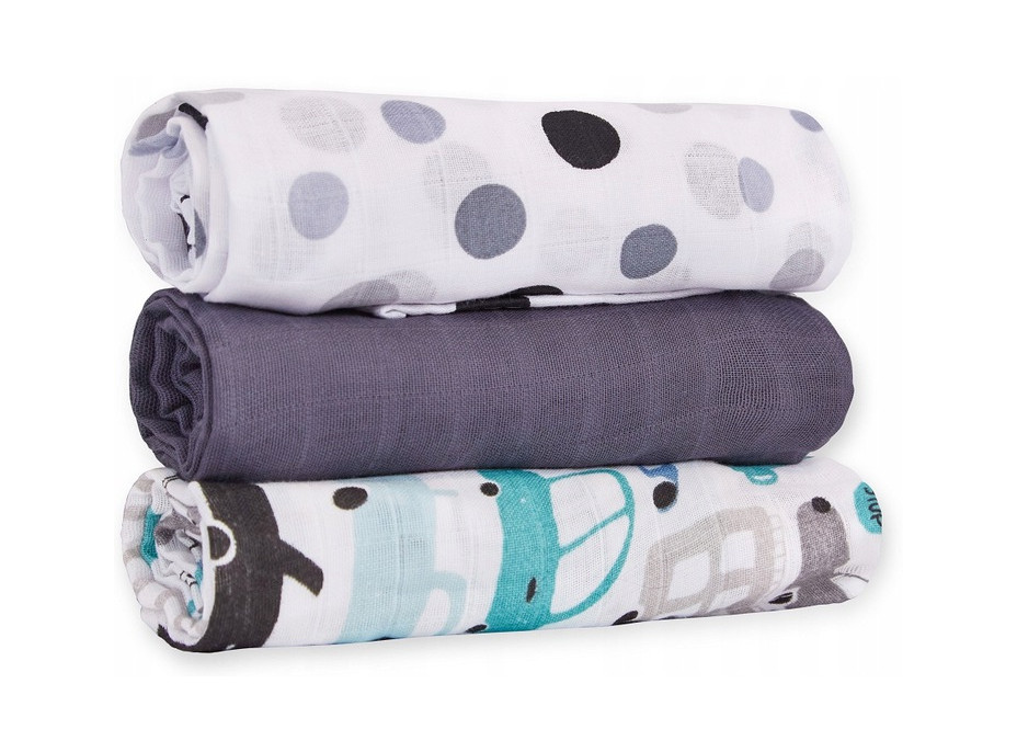Dětské mušelínové pleny BABYMAM PREMIUM 70x75 cm - sada 3 ks - Autíčka a puntíky