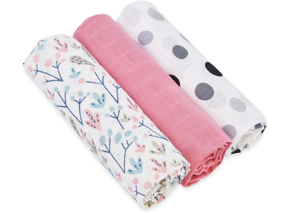 Dětské mušelínové pleny BABYMAM PREMIUM 70x75 cm - sada 3 ks - Keříčky a puntíky